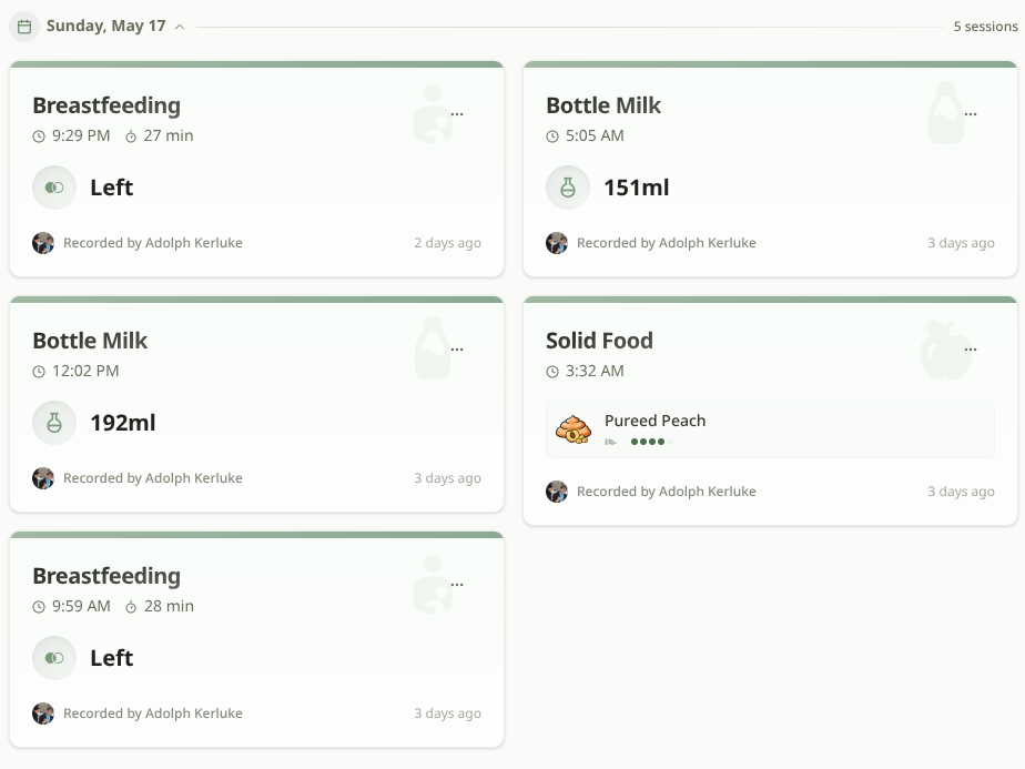 Feeding sessions listing page