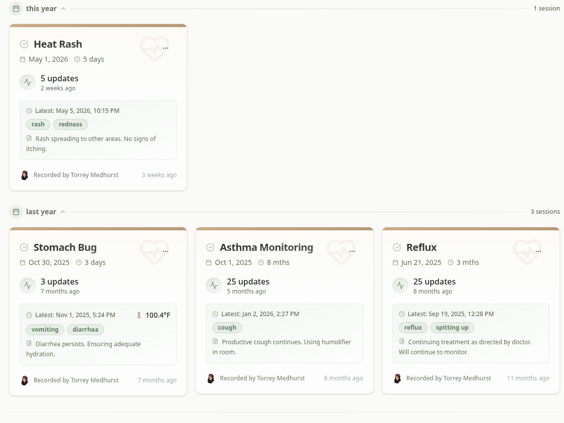 Health journal showing symptoms and medication entries